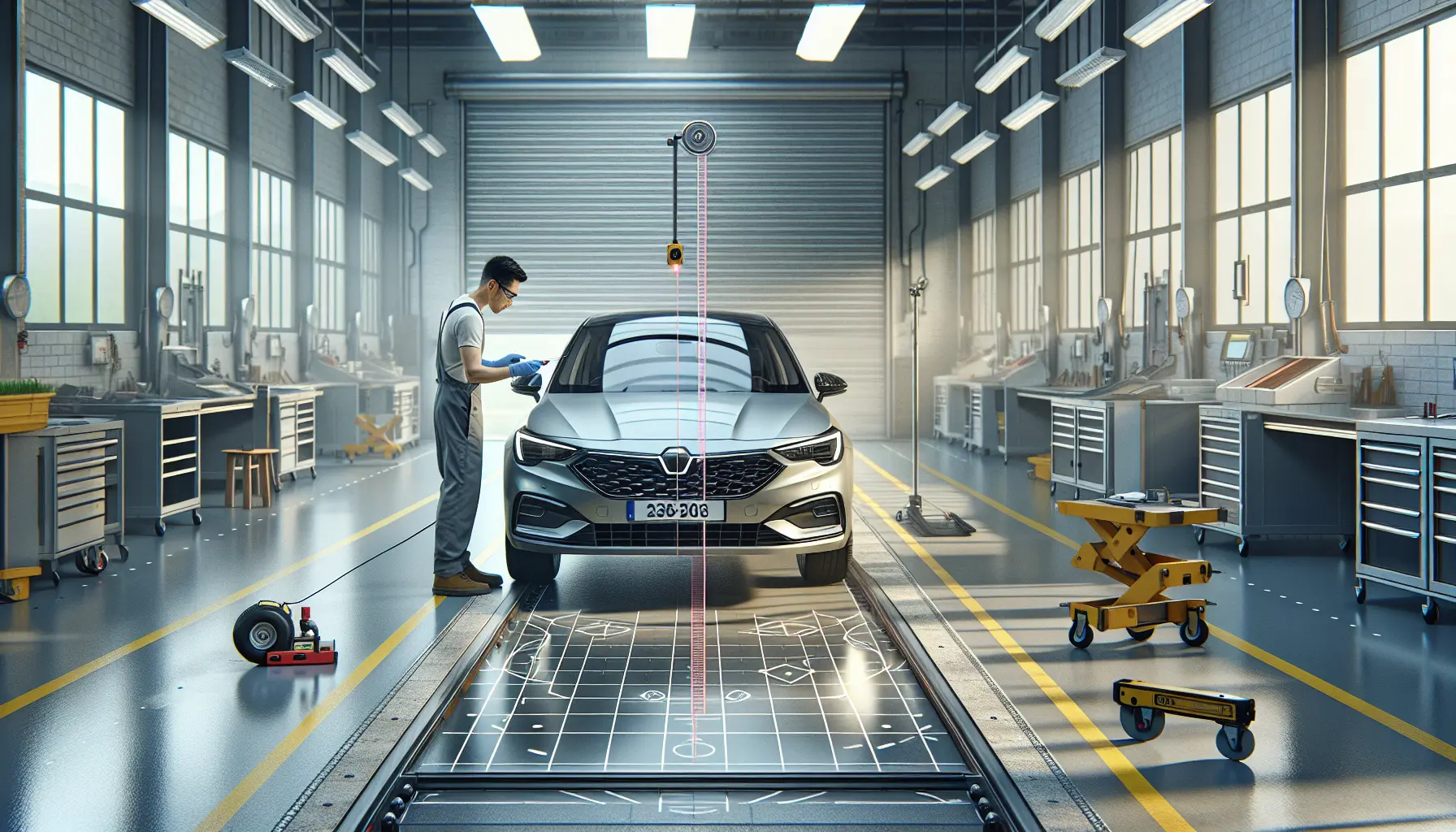 Technician aligns ADAS calibration target.
