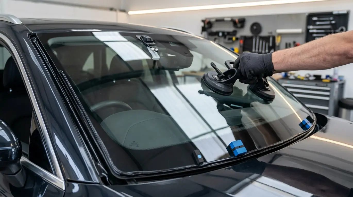 Technician positioning windscreen with lifters.