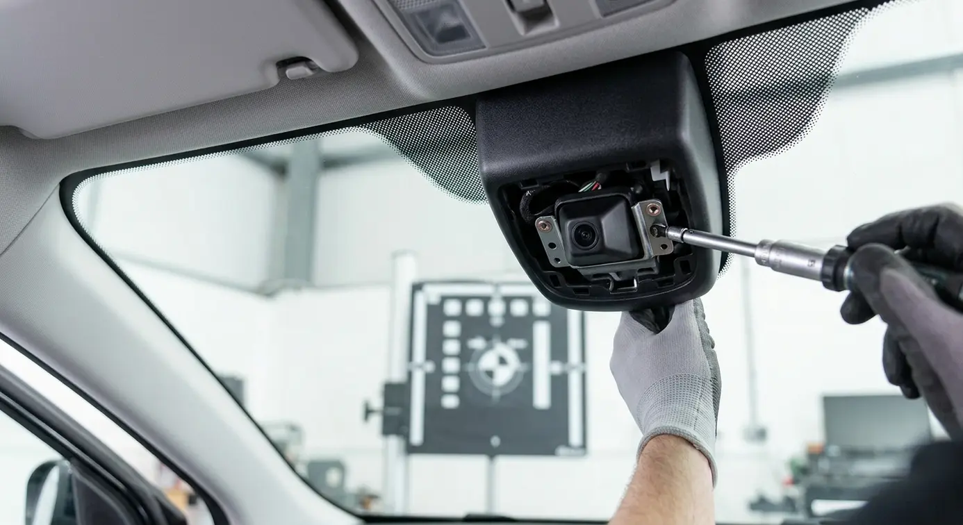 Technician tightening ADAS camera bracket.