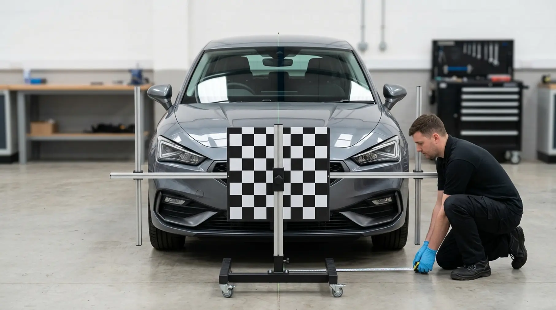 Technician measuring ADAS target distance.