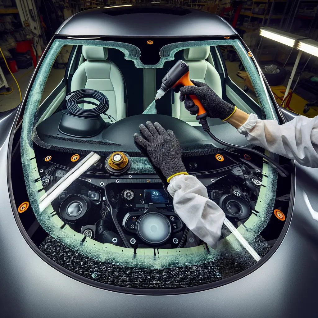 Suction pads lifting new windscreen.