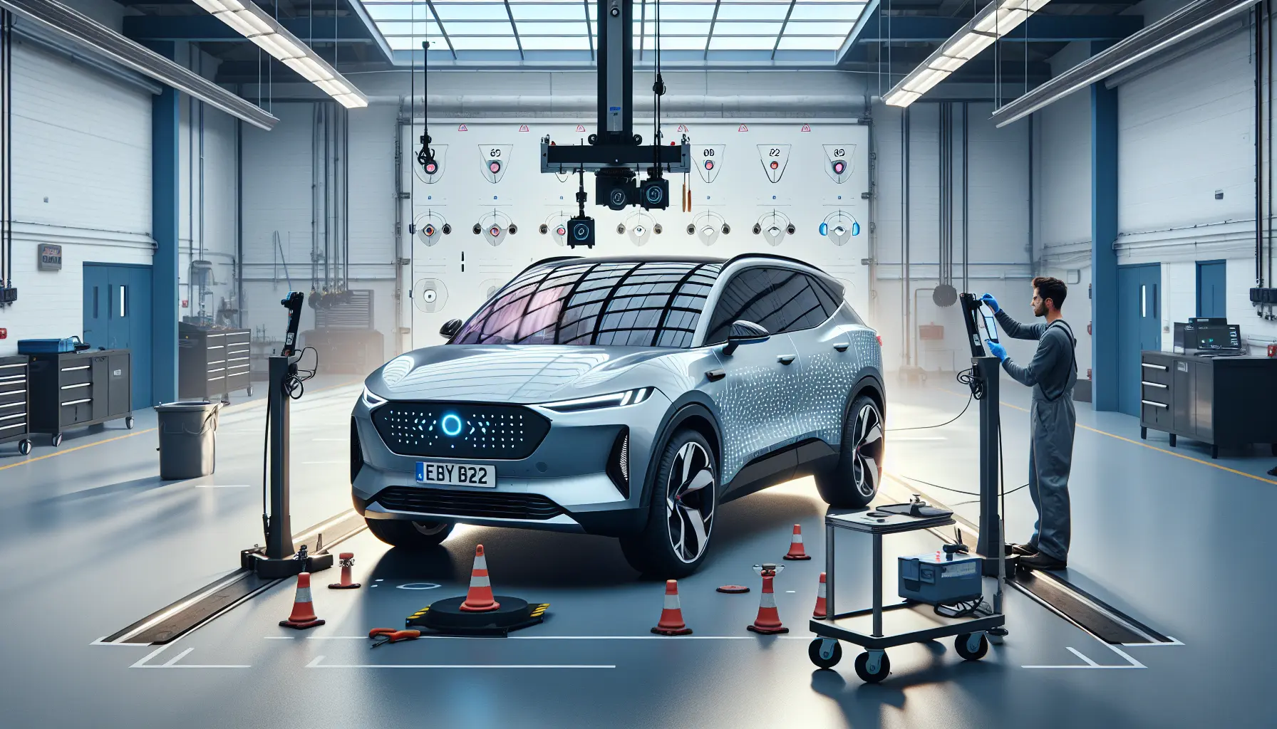 Technician aligning ADAS calibration frame.