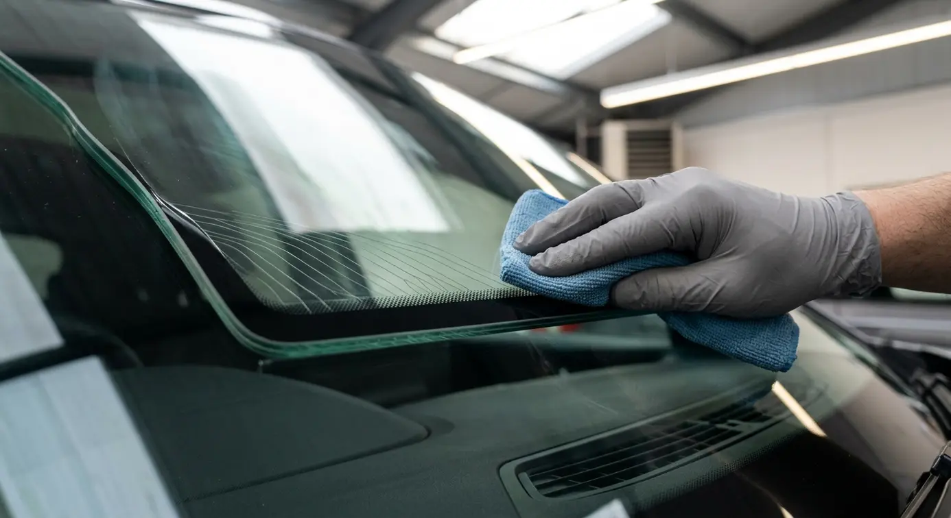Gloved hand wiping windscreen frit.
