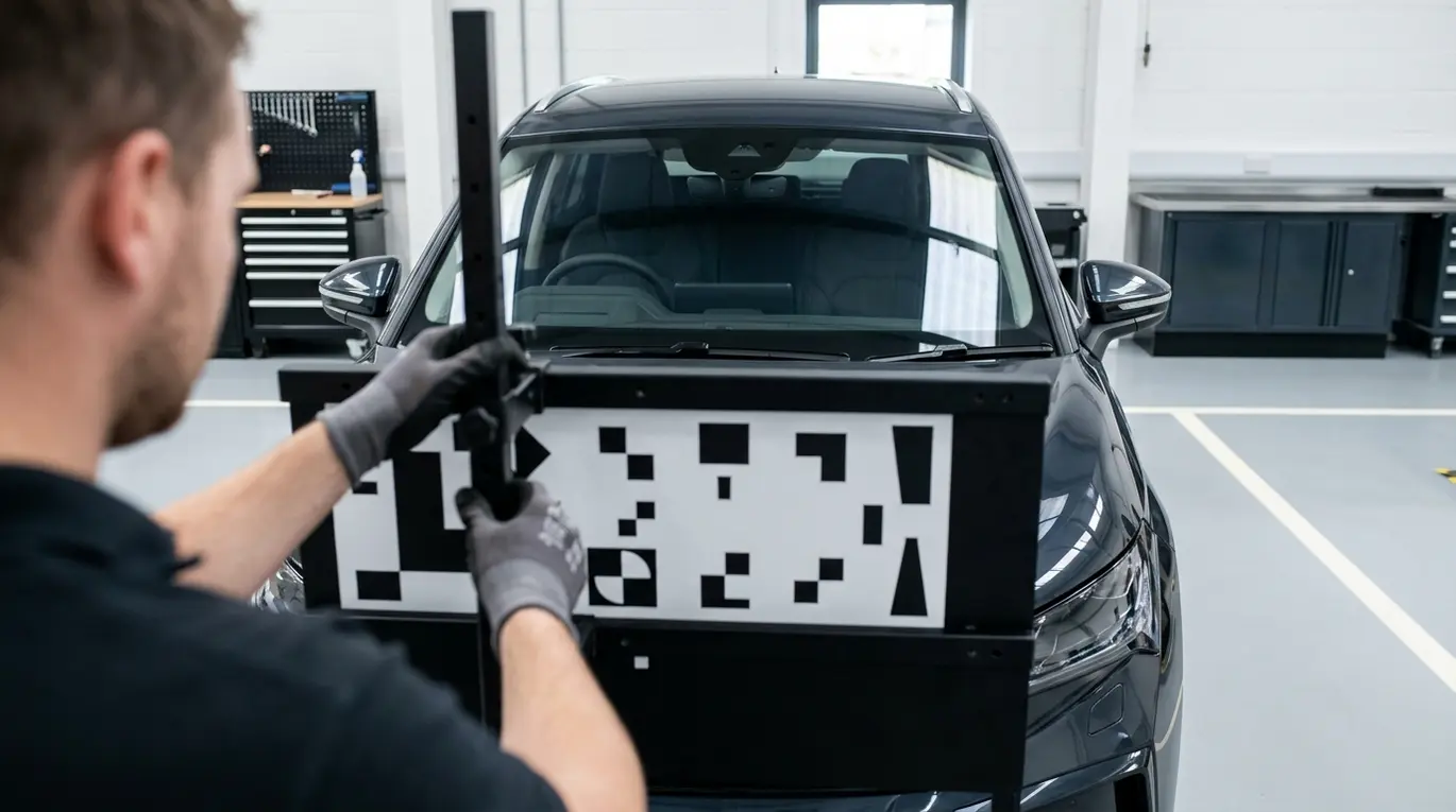 Technician adjusting ADAS calibration target.