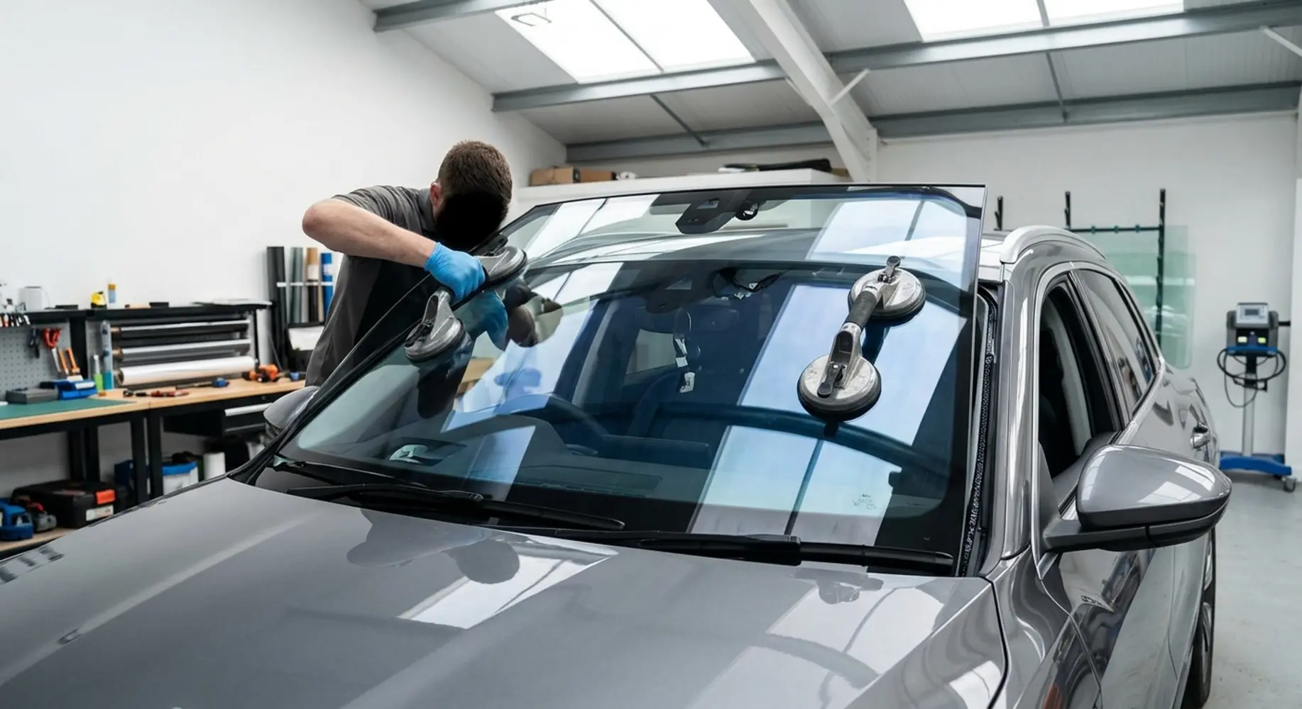 Gloved technician fitting SUV windscreen.