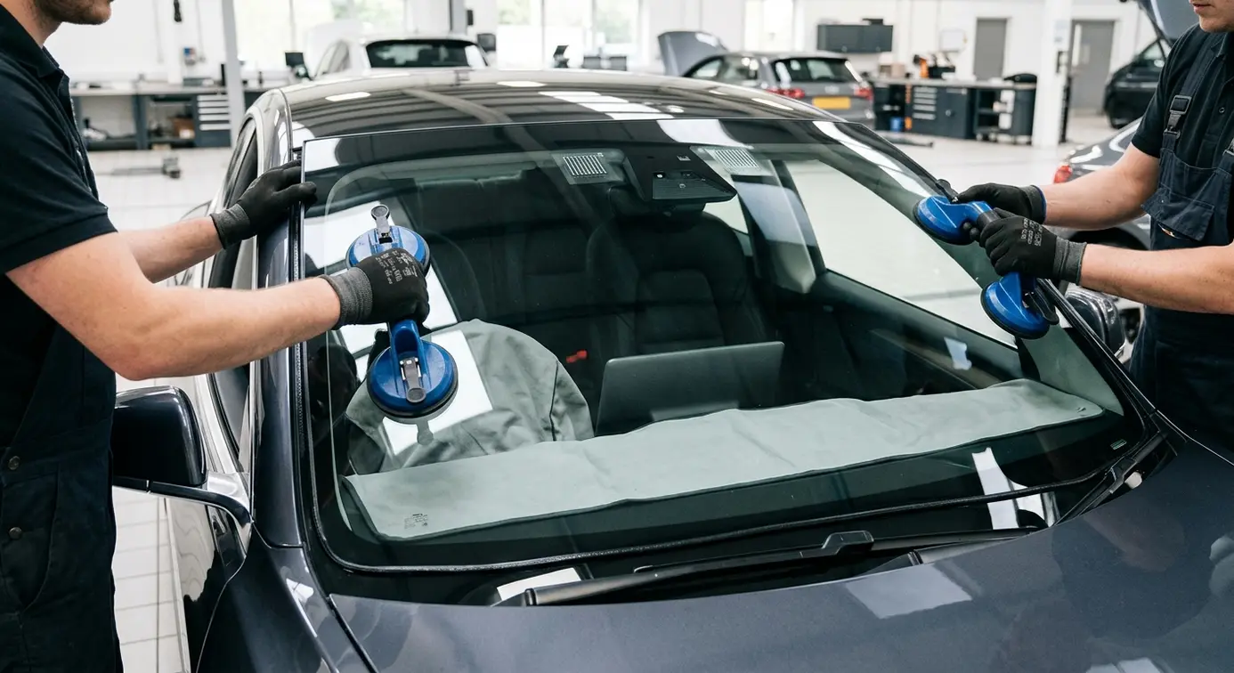 Suction pads lifting new windscreen.