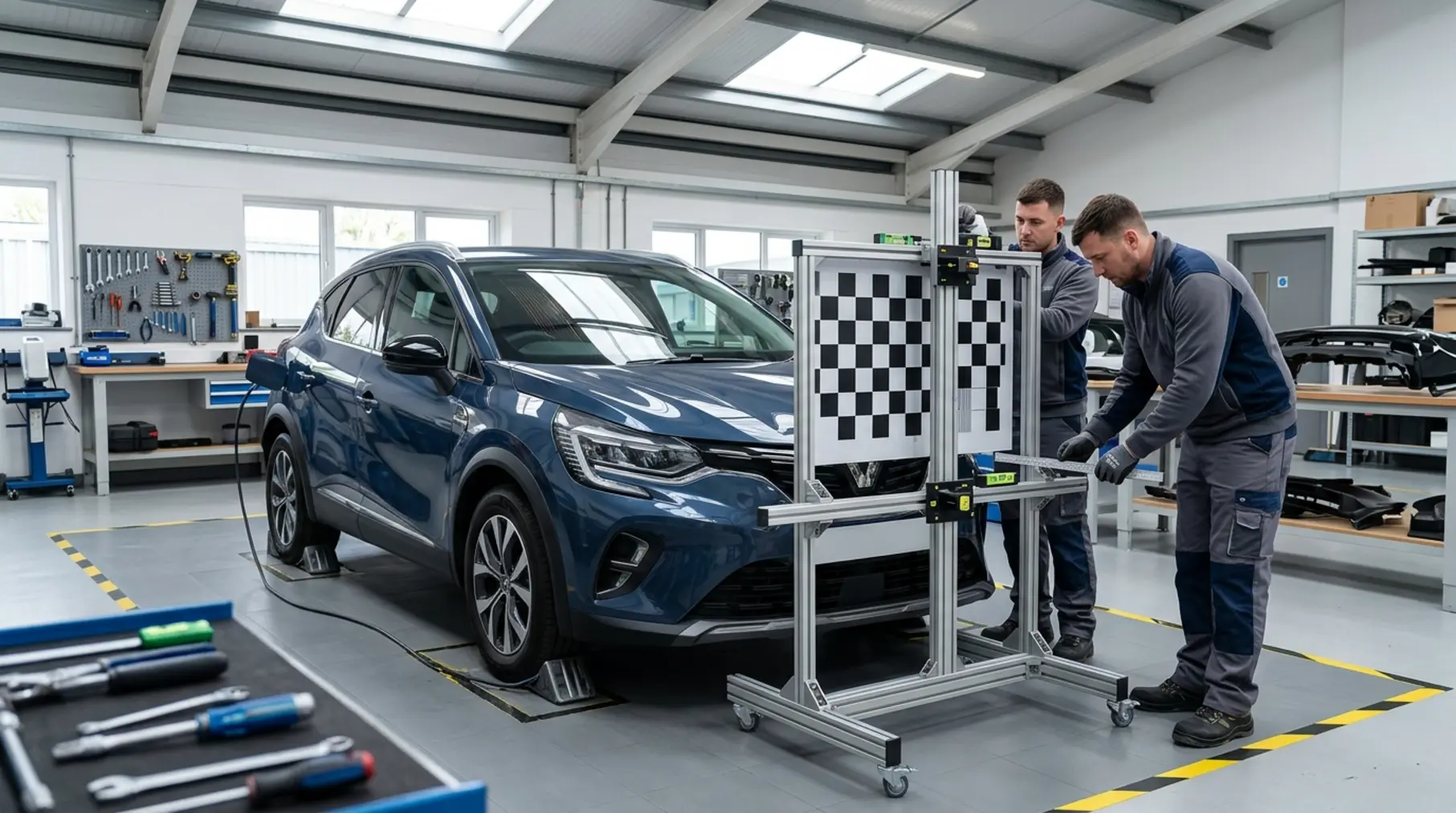 Technicians aligning ADAS calibration rig.