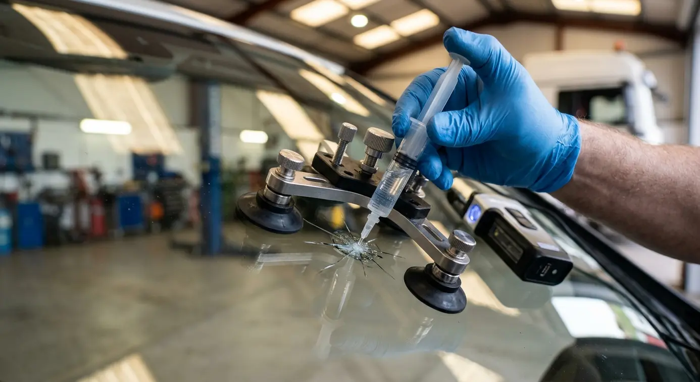 Resin injector repairing windscreen chip.