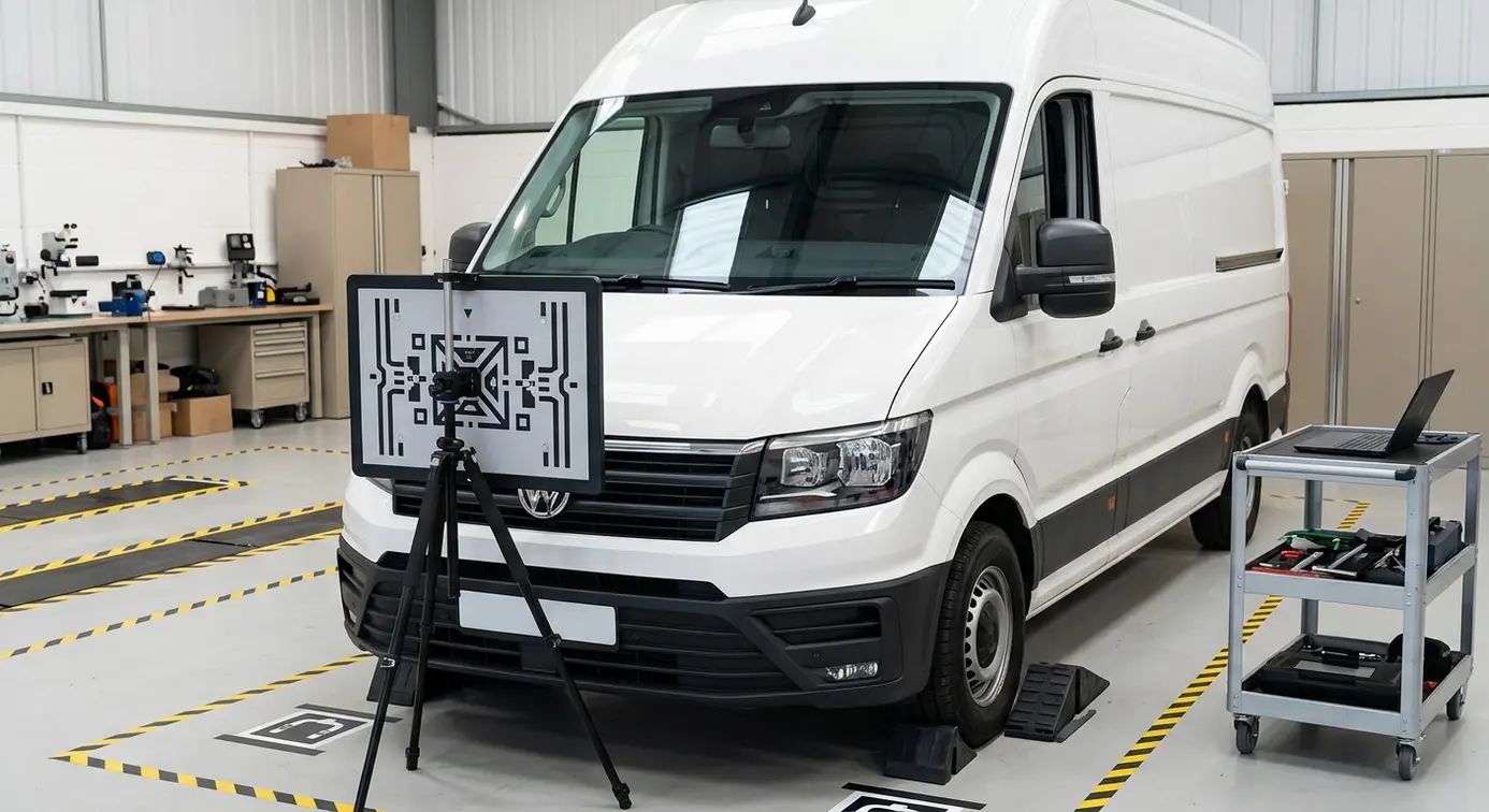 Van undergoing ADAS calibration setup.