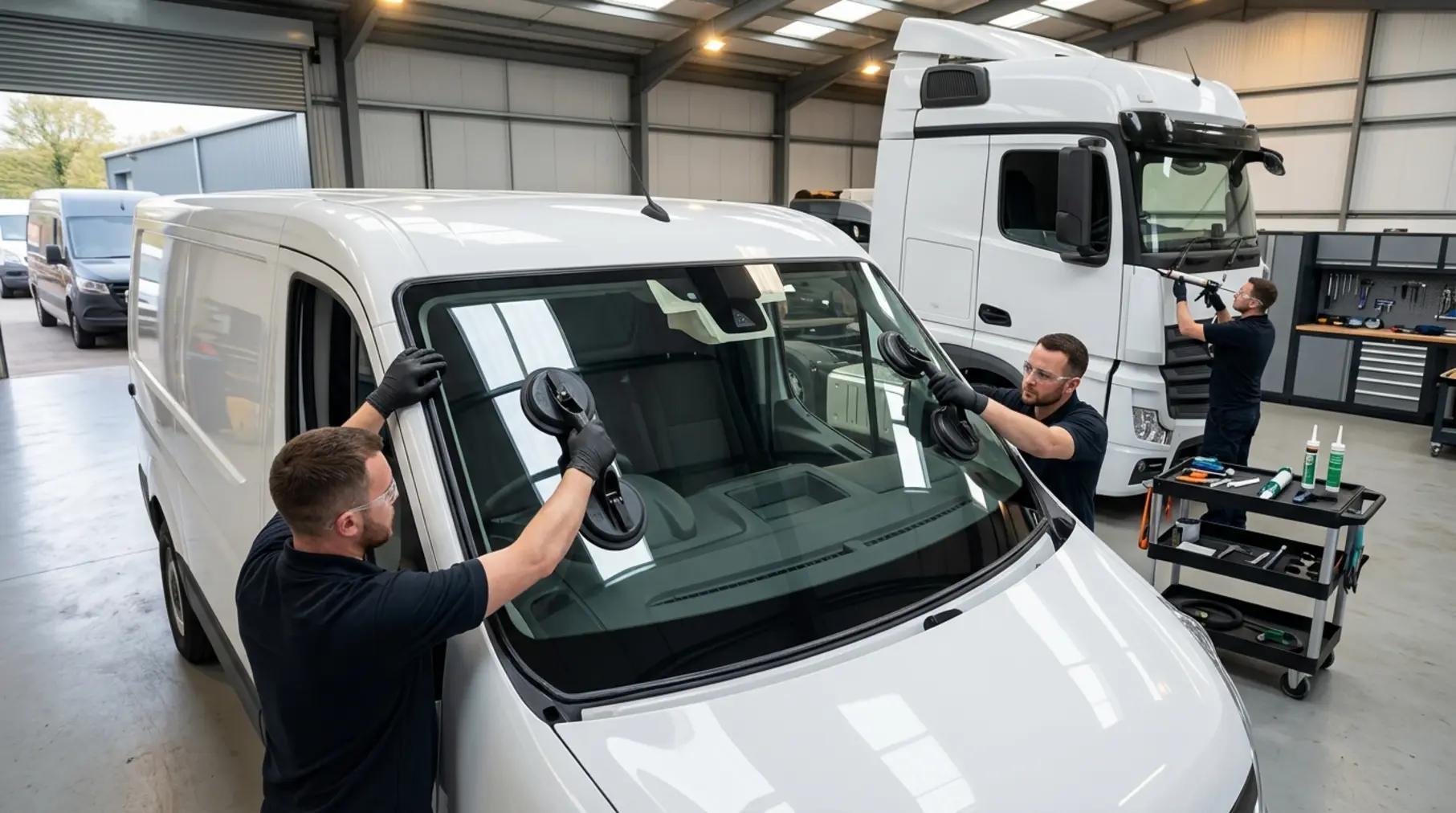 Two technicians fitting van windscreen.