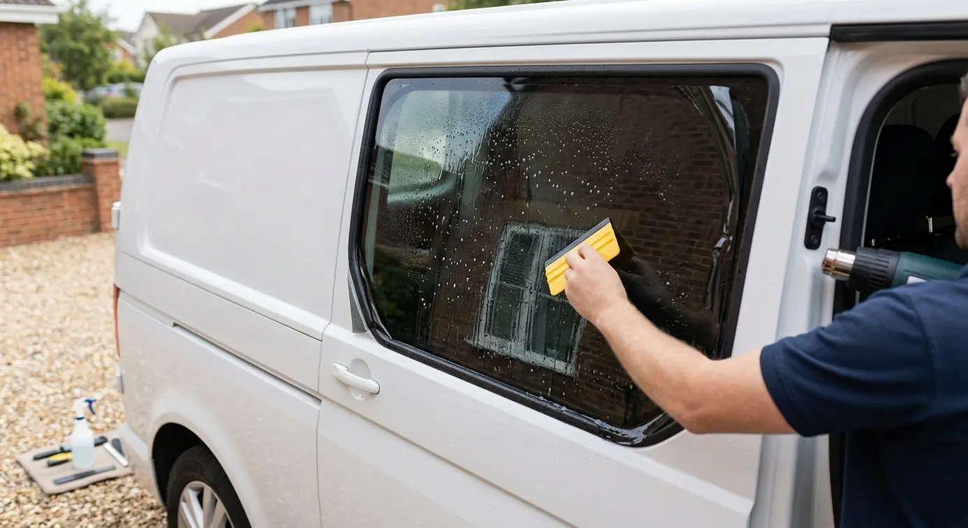 Squeegee applying van window tint.
