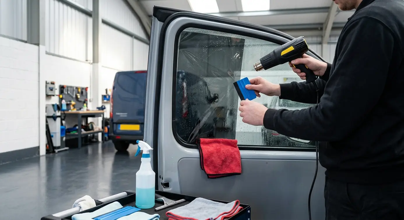 Applying tint to van window.