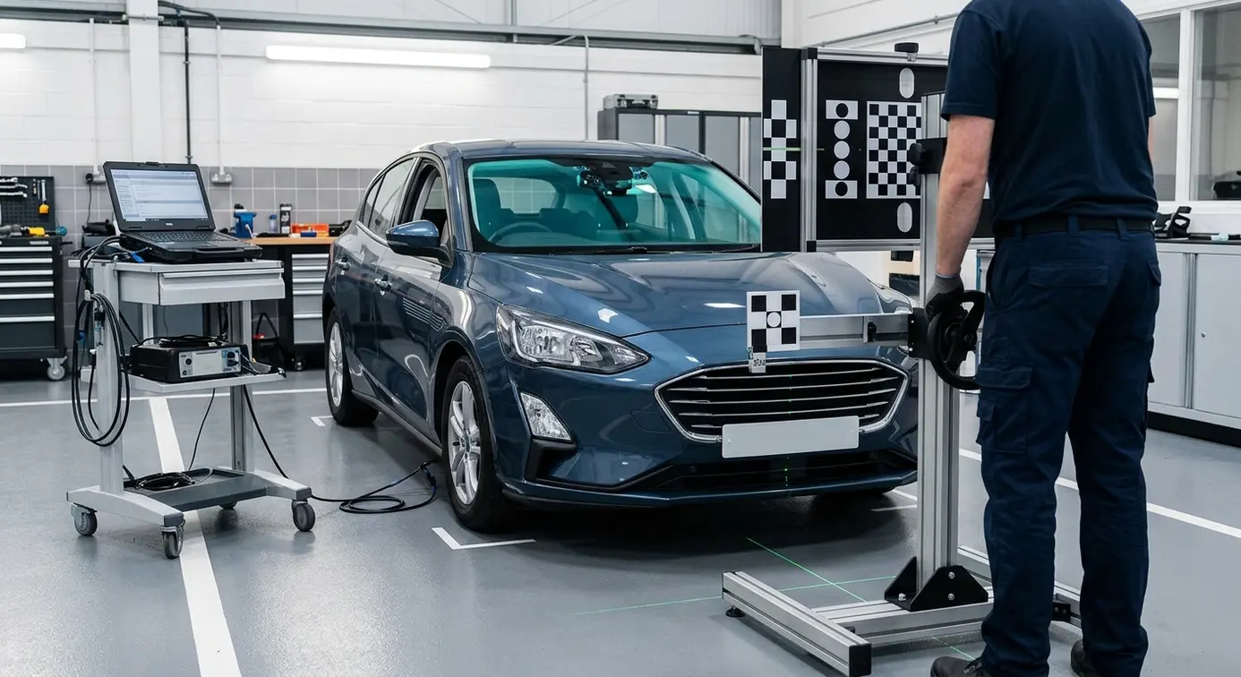 Technician adjusts ADAS calibration targets.