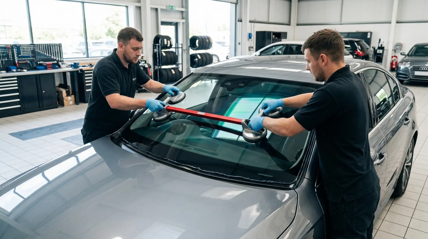 Technicians fit HUD windscreen, adhesive.