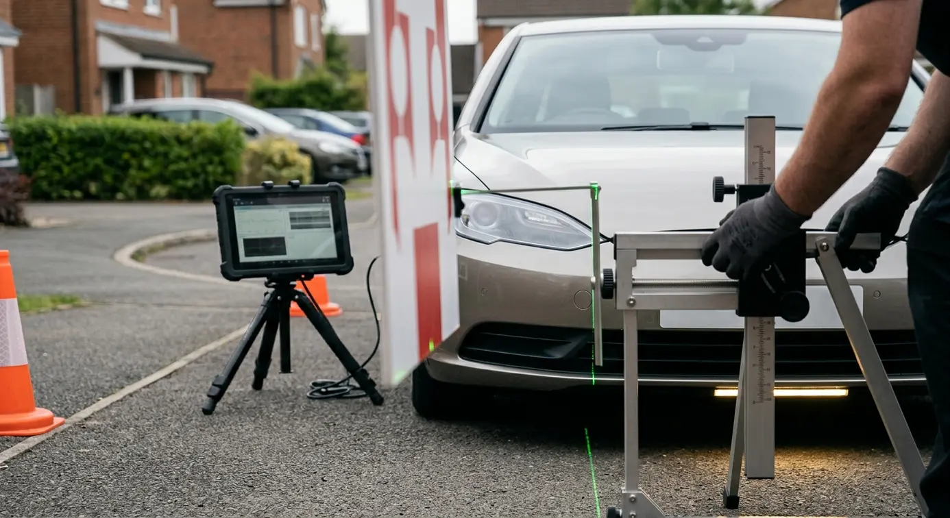 Technician adjusts tripod ADAS target.