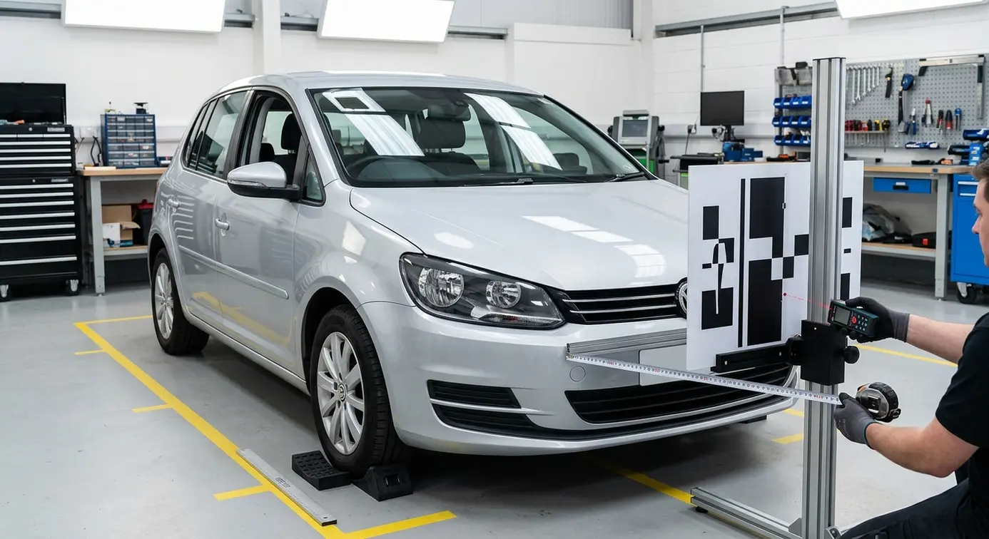 Technician measuring ADAS target distance.