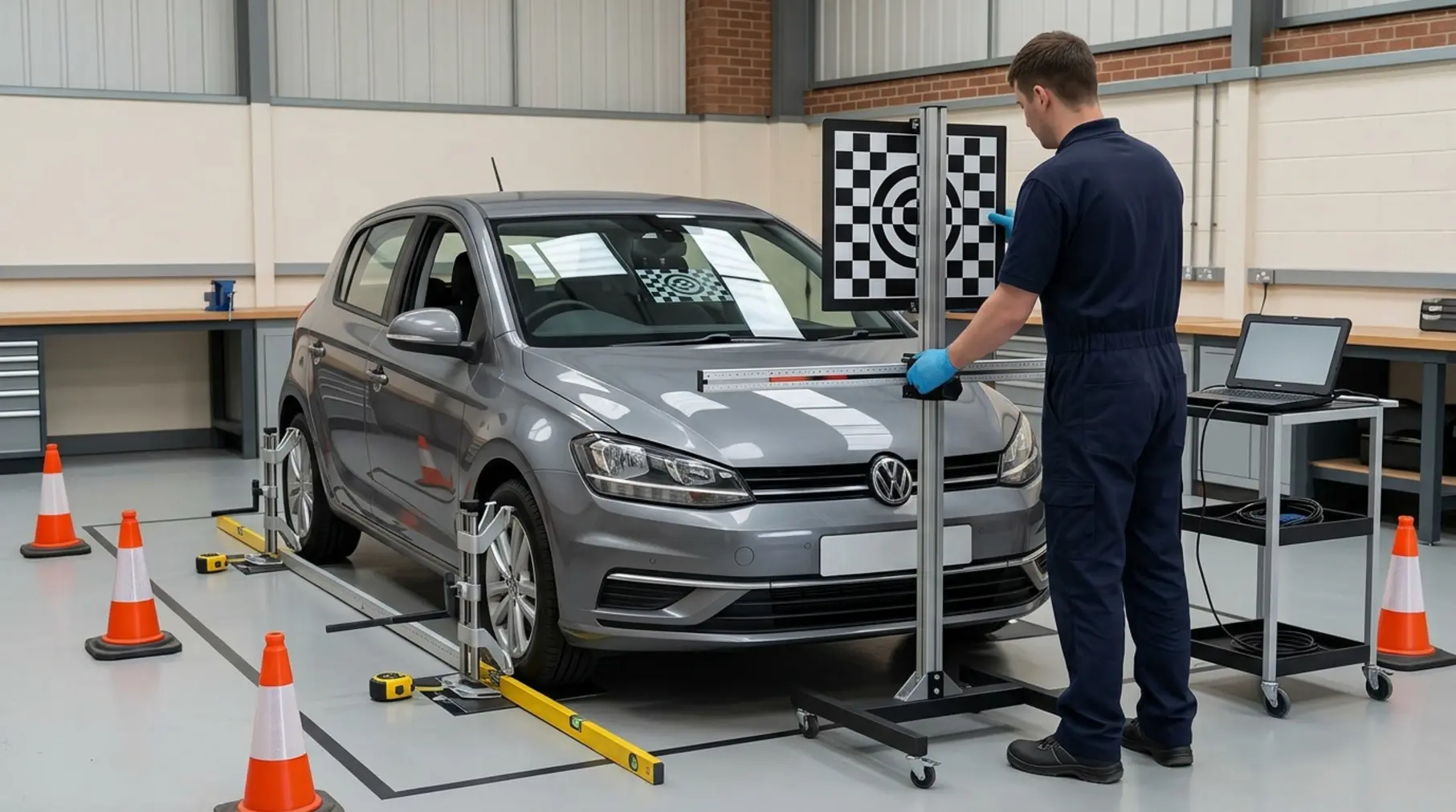 Hatchback with ADAS calibration rig.