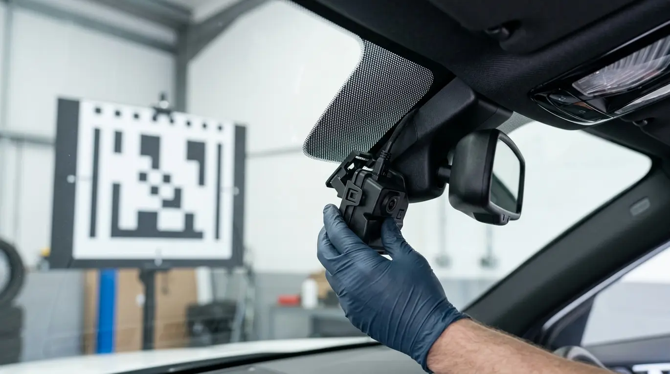 Gloved hands refitting windscreen camera.