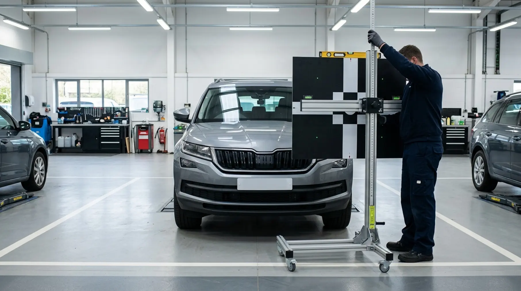Technician adjusting ADAS calibration rig.