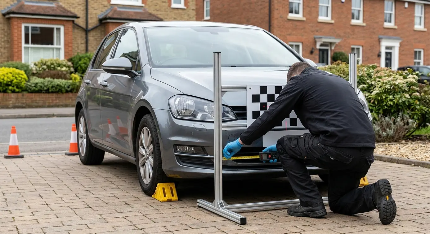 Technician measuring driveway ADAS setup.