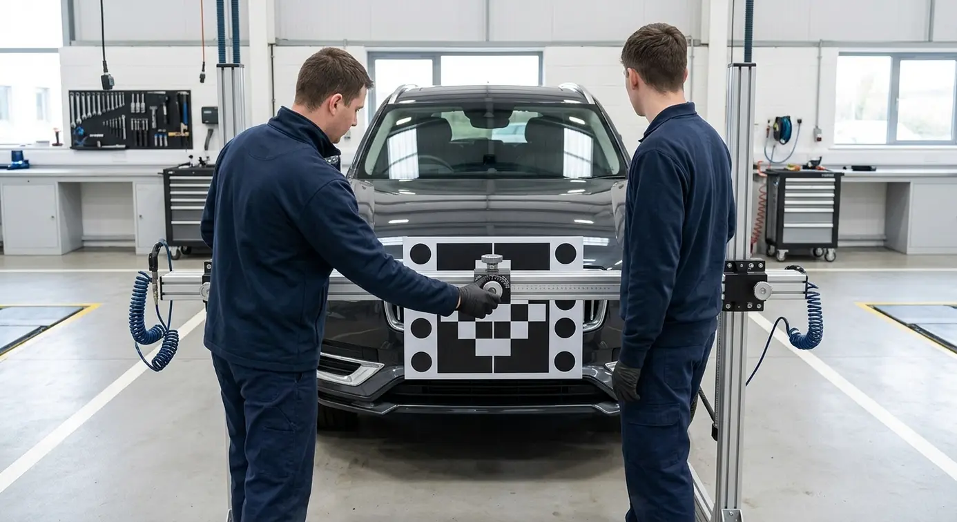 Technician adjusting workshop ADAS rig.