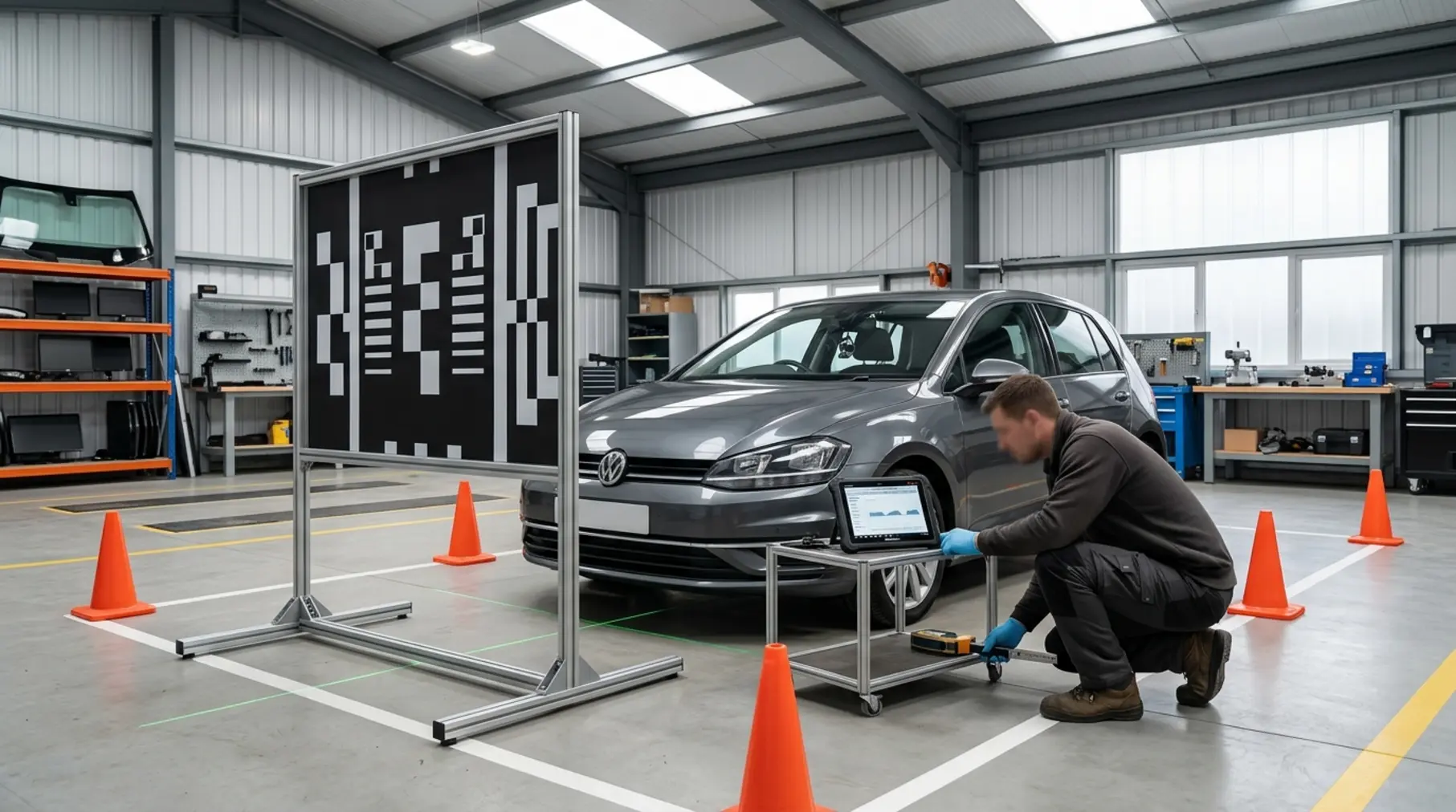 Technician aligning ADAS calibration rig.