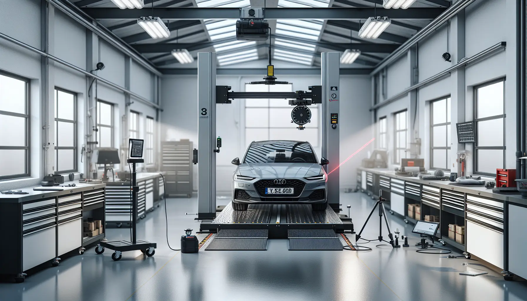 ADAS calibration rig, hatchback, technician.
