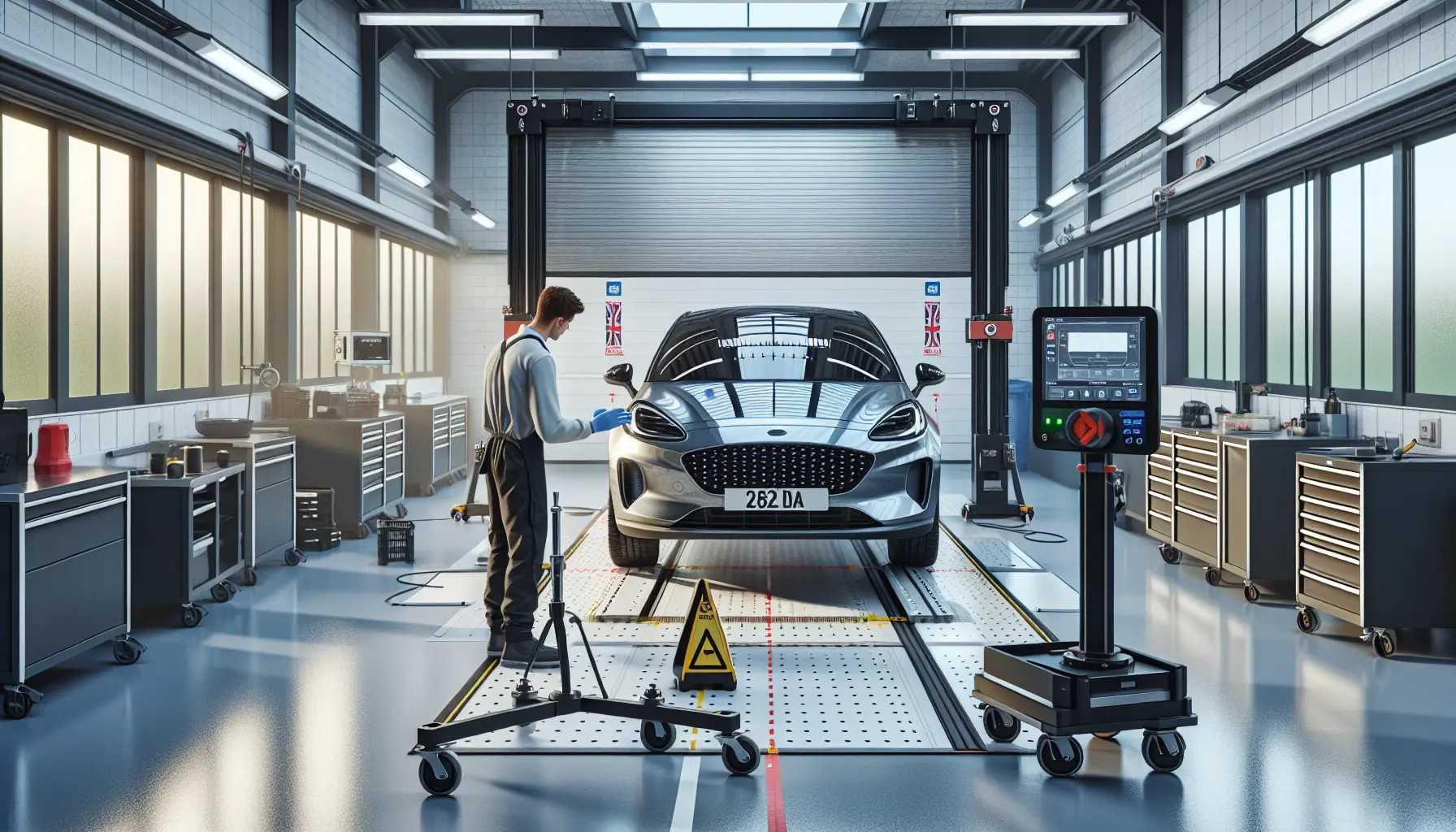 Workshop technician aligning ADAS rig.