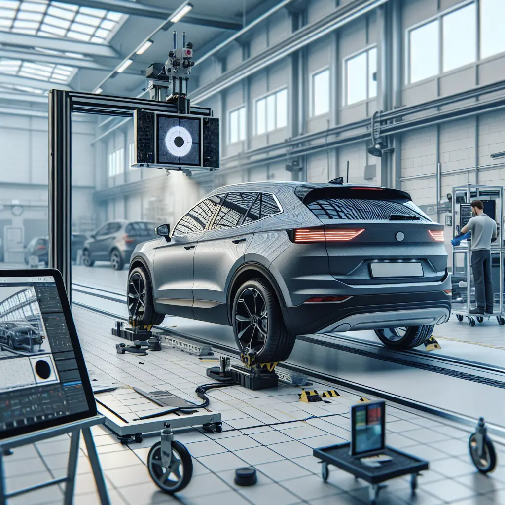 Technician aligning ADAS calibration rig.