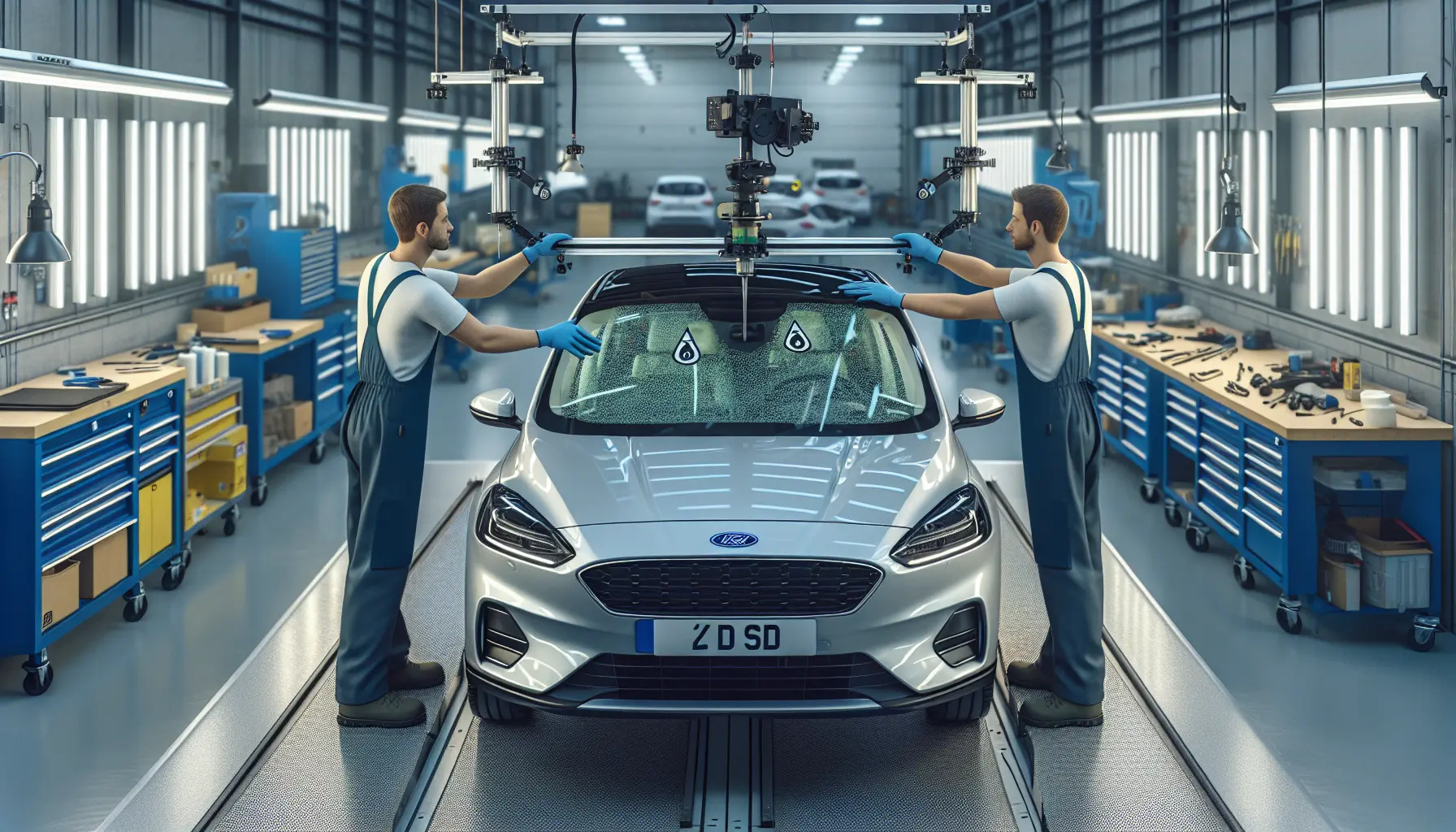 Technicians positioning new adhesive-bonded windscreen.