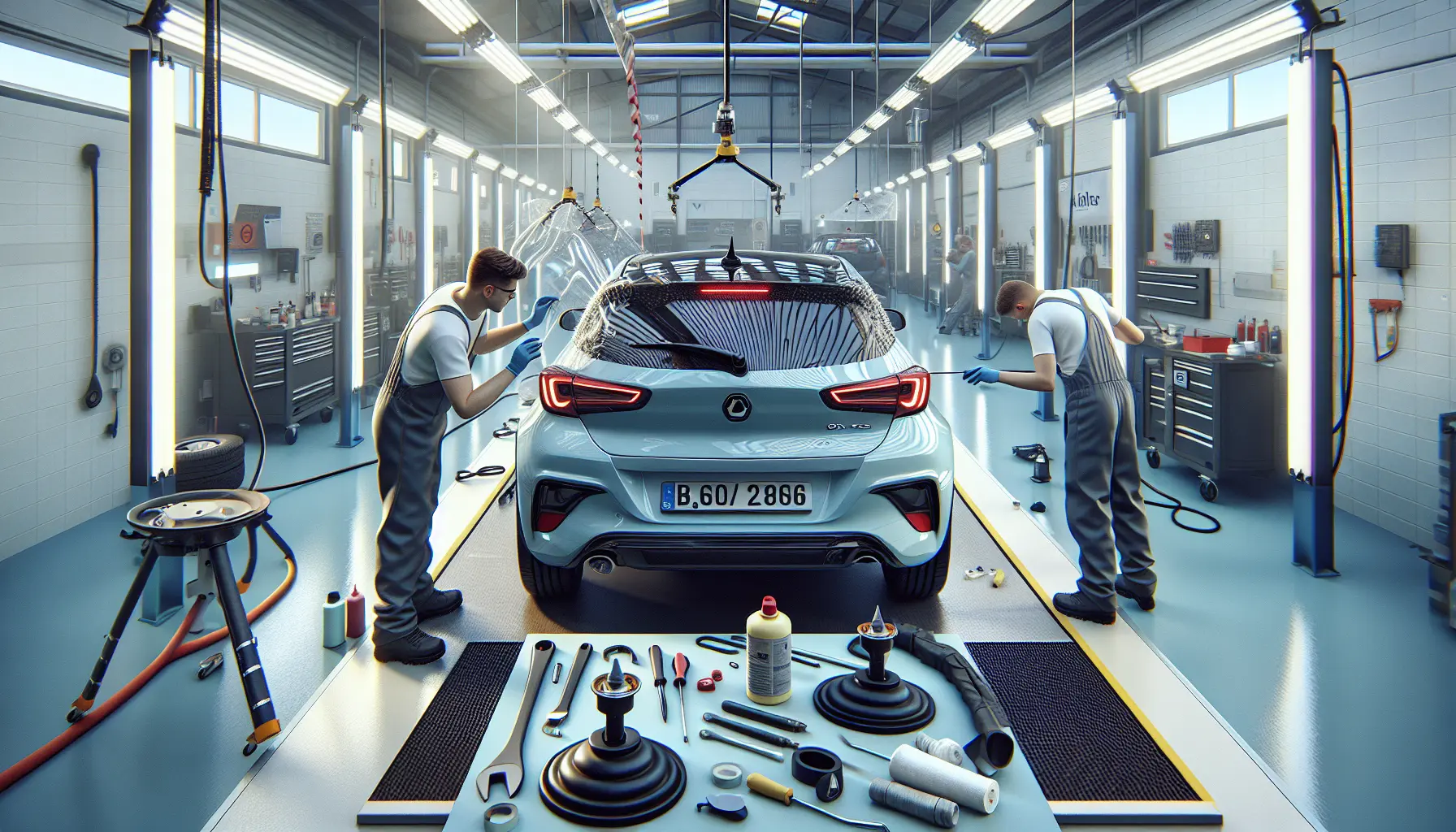 Technicians positioning windscreen with lifters.