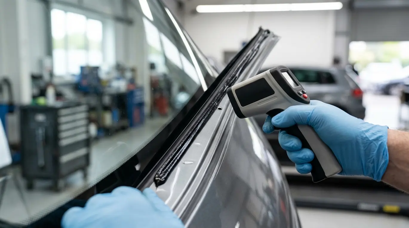 Thermometer aimed at windscreen adhesive.