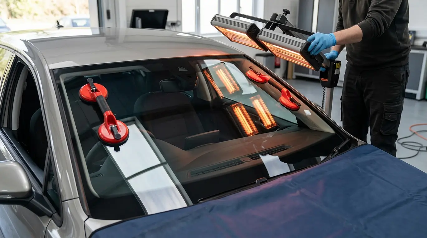 Infrared lamps curing fitted windscreen.