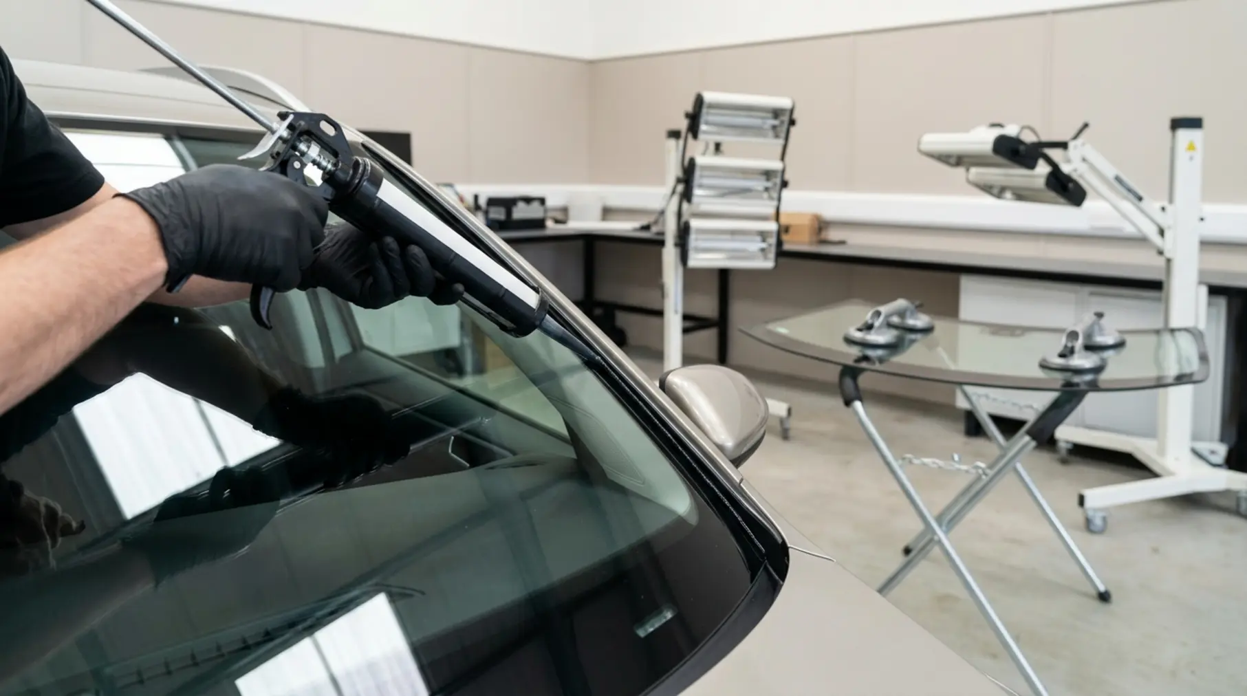 Gloved technician applying windscreen adhesive.