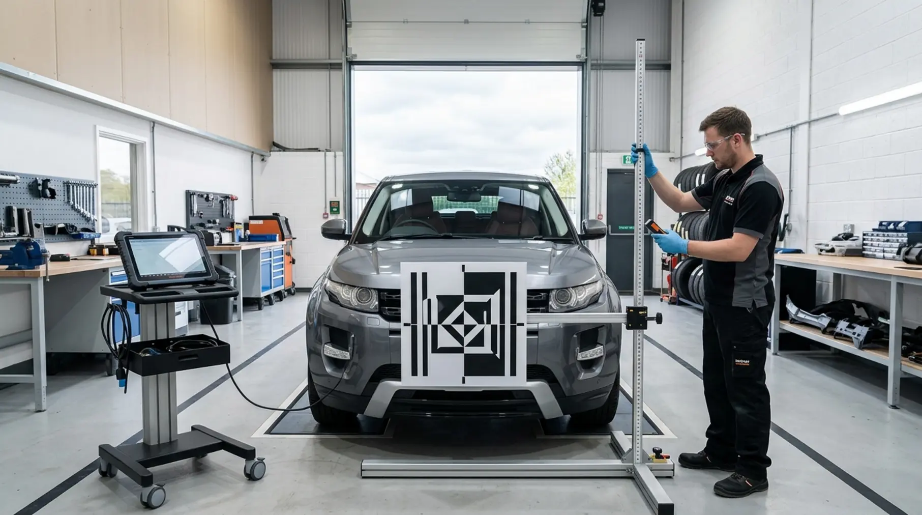 Technician adjusting ADAS calibration rig.