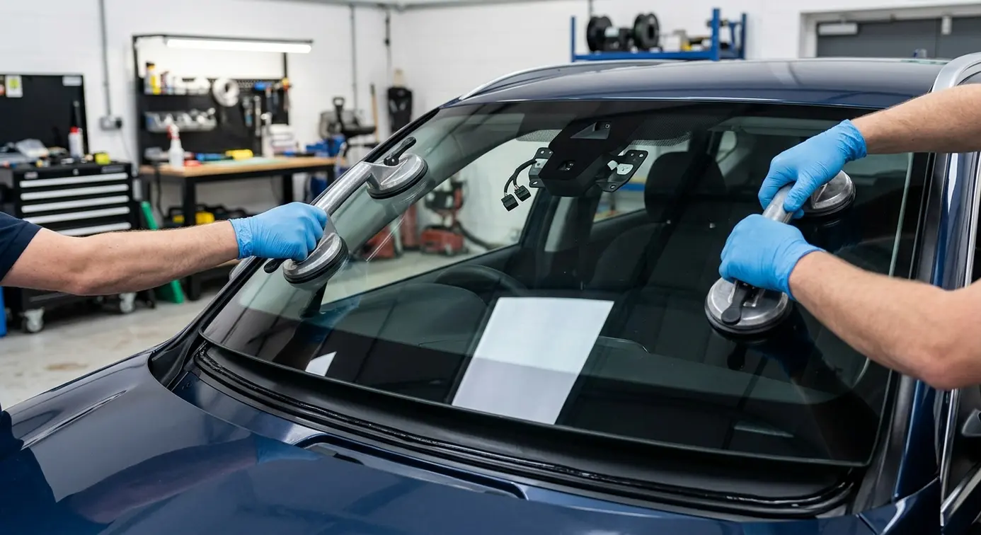 Technicians lifting windscreen with suction.