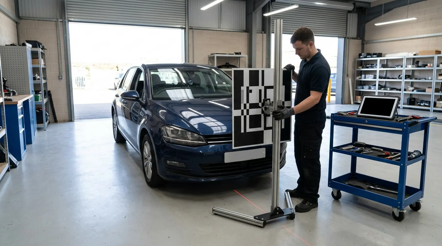 Technician adjusting ADAS calibration rig.