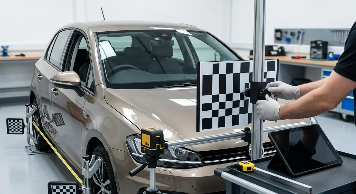 Technician adjusting ADAS calibration frame.