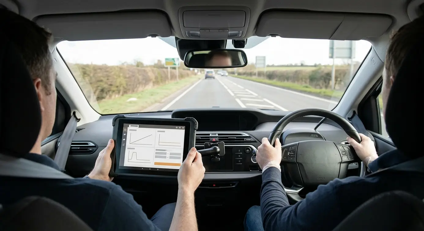 Interior ADAS calibration with tablet.