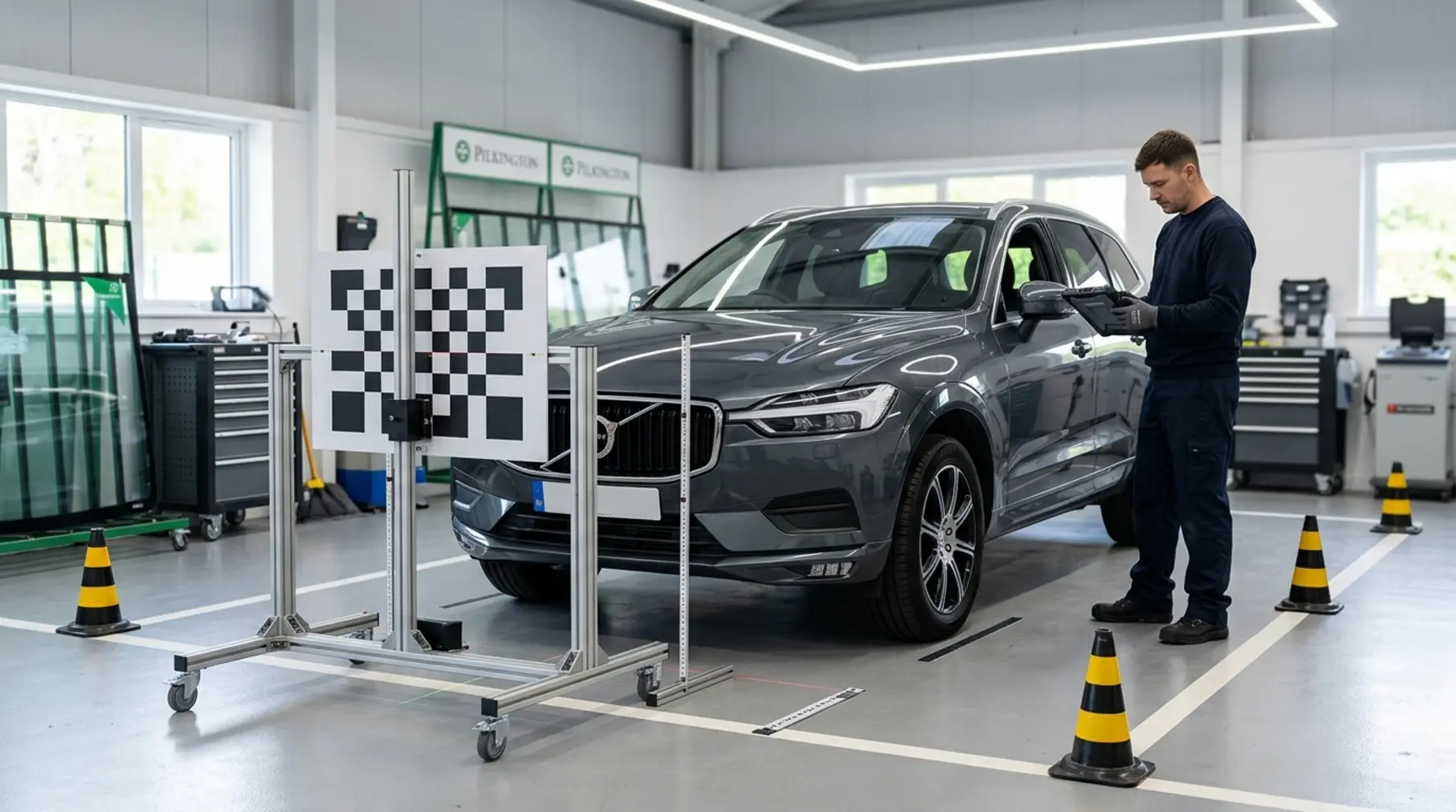 SUV with ADAS calibration rig.