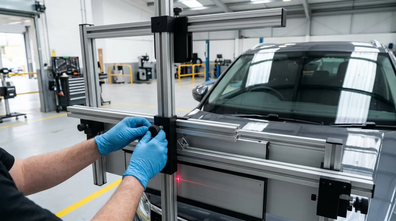 Gloved hands adjusting ADAS target.