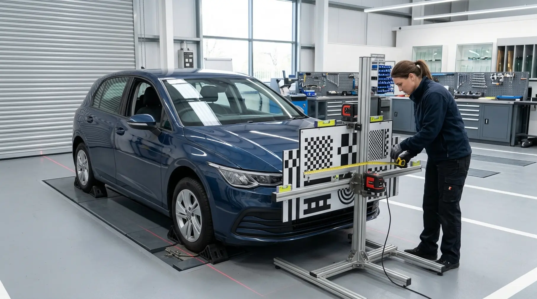 Technician aligning ADAS calibration rig.