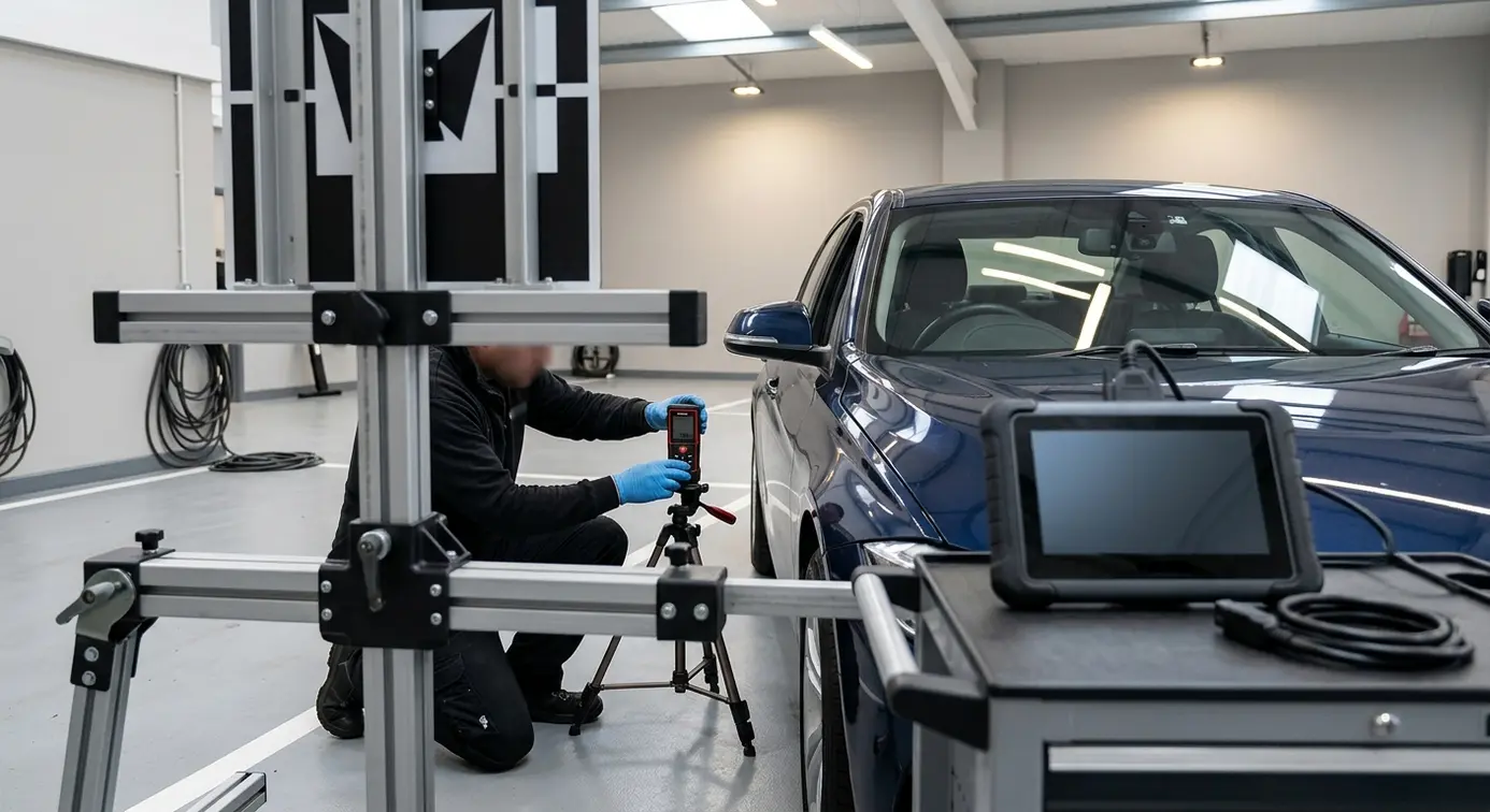 Technician adjusting ADAS calibration rig.