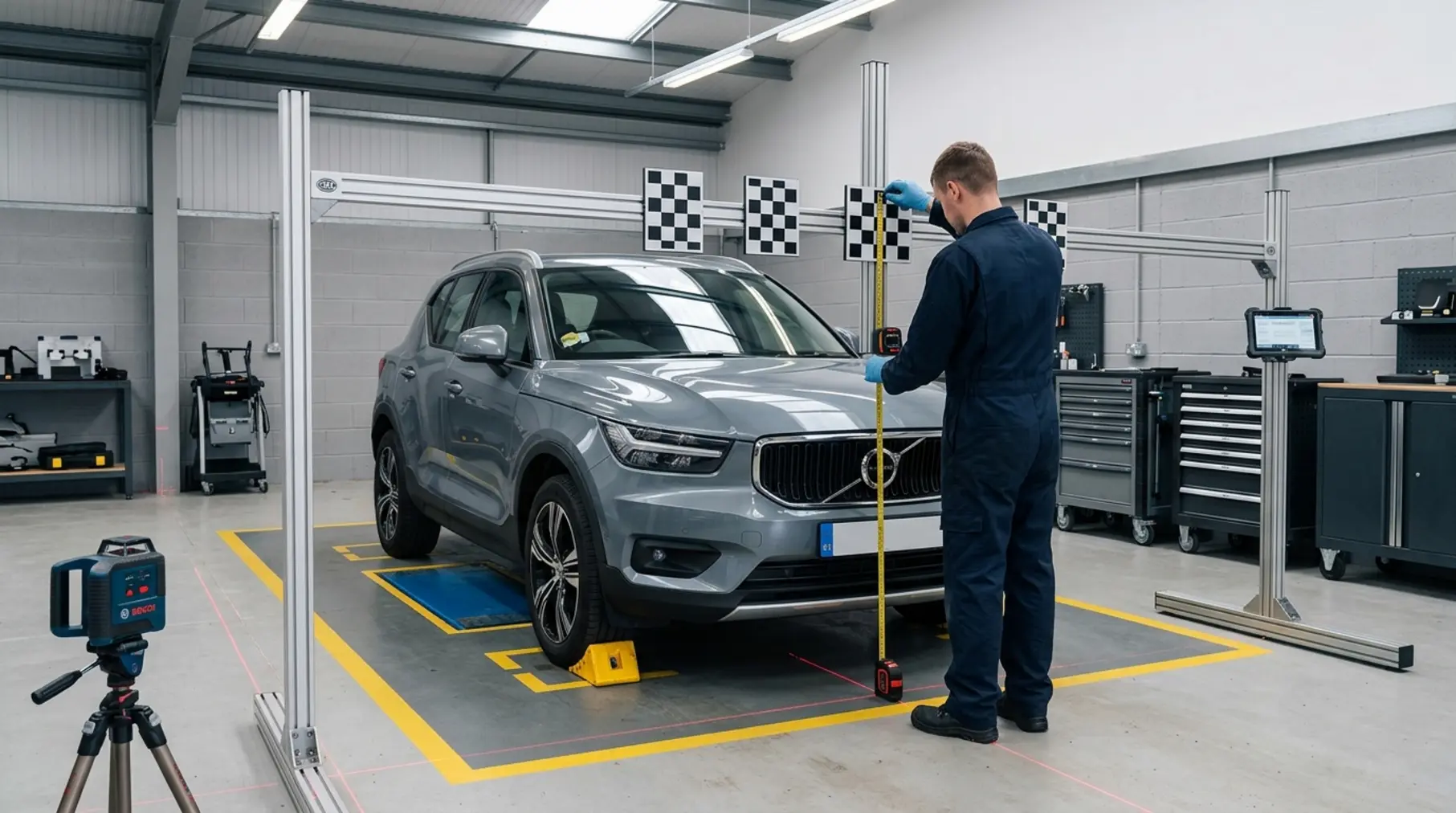 Technician aligning ADAS calibration frame.