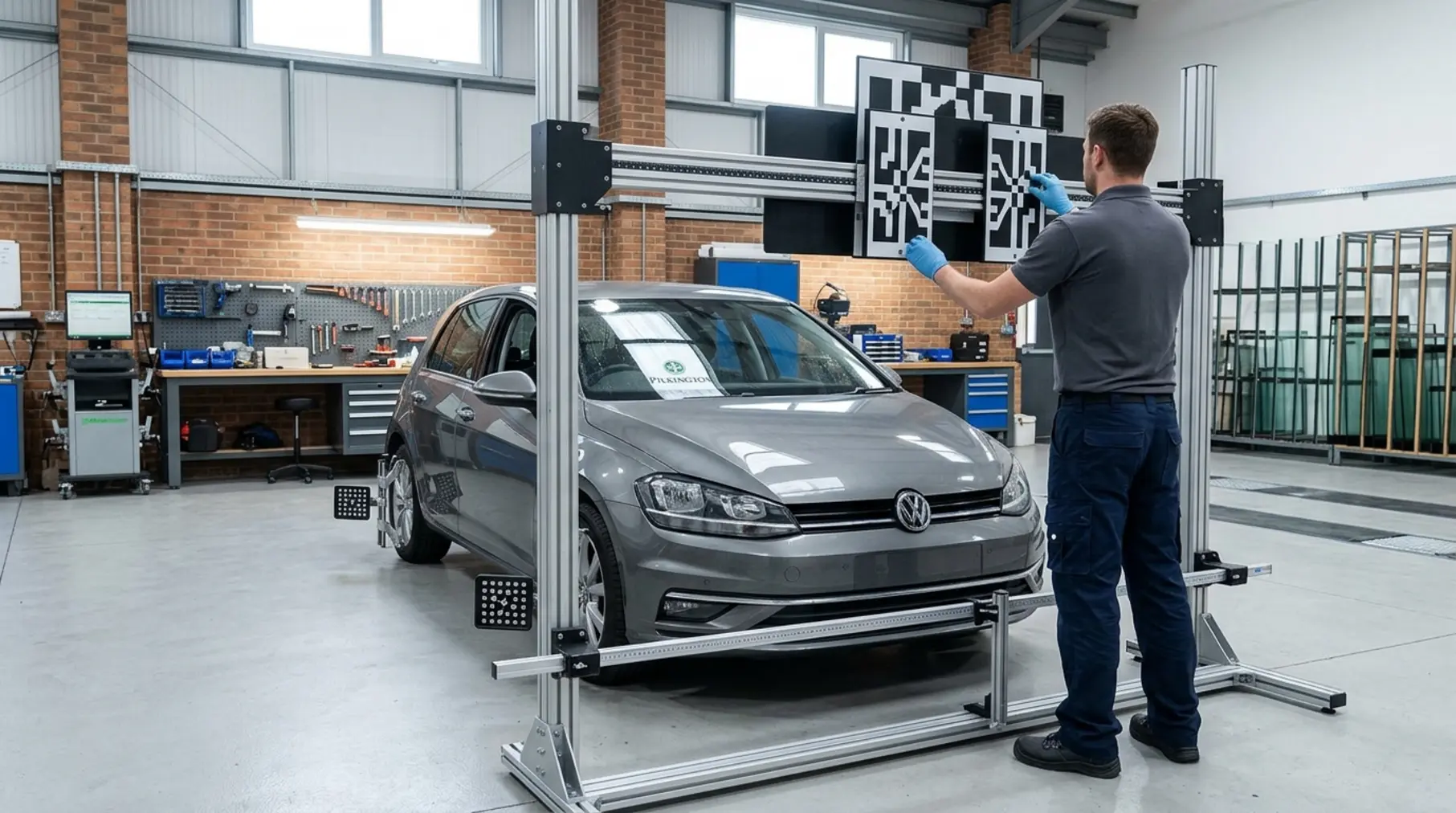 Technician adjusting ADAS calibration rig.