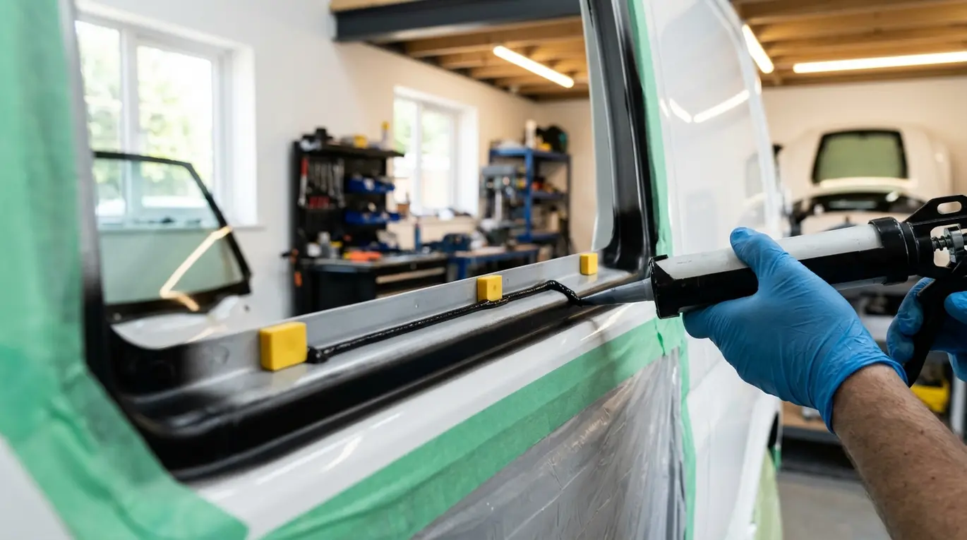 Gloved hands laying adhesive bead.