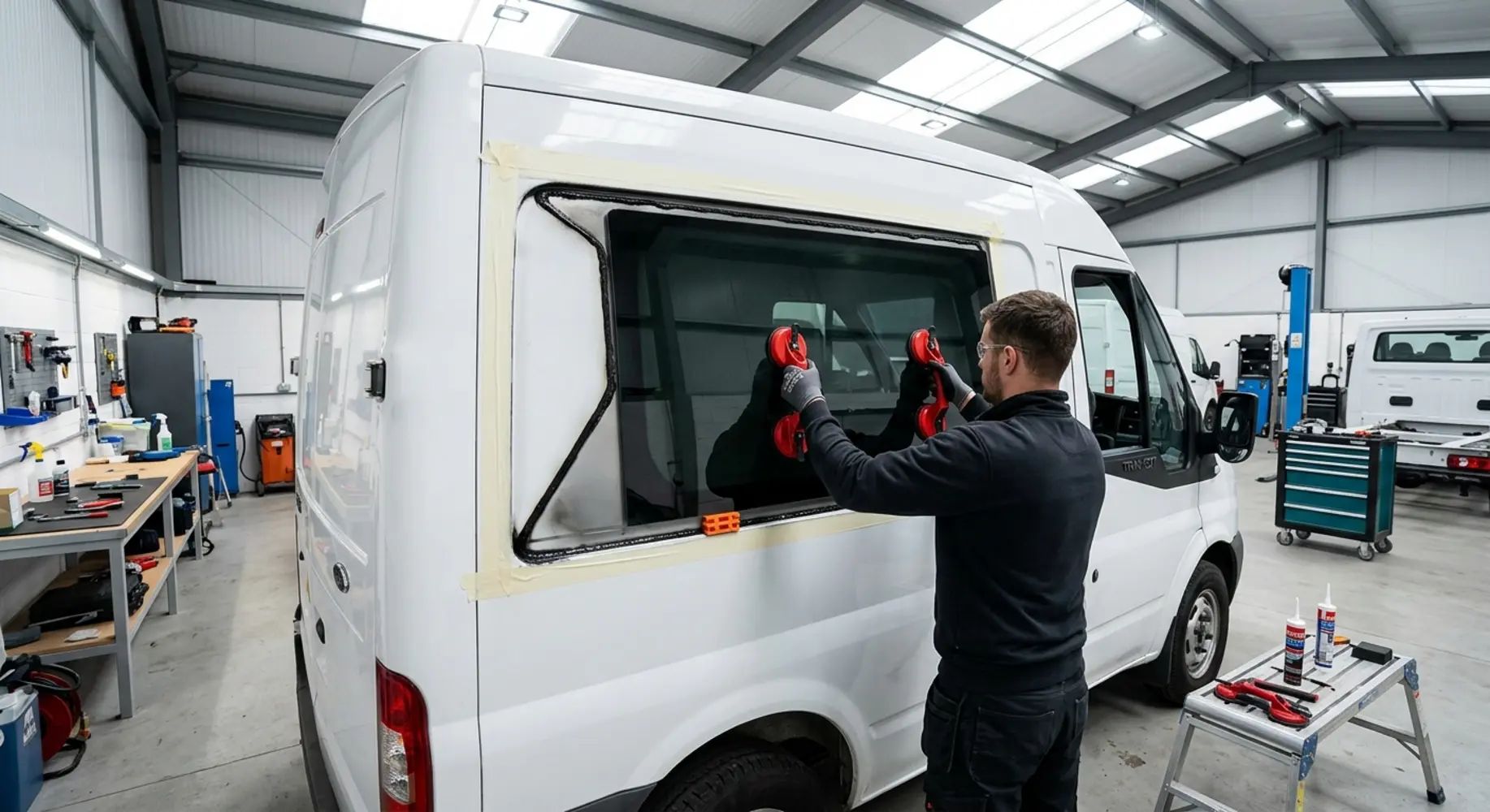 Technician fitting tinted van window.